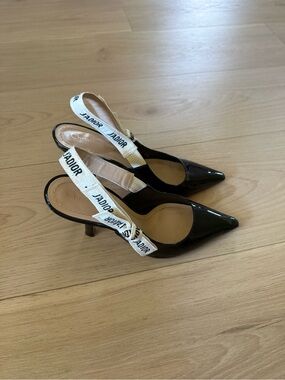 Dior Black Patent Slingback Kitten Heels with J'Adior Strap